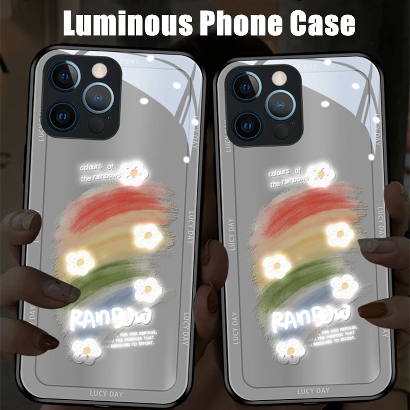 

Rainbow Flower LED Light Glowing Luminous Tempered Glass Phone Case for OnePlus 6 6T 7 7T 8 8T 9 9R 10 Ace Nord N10 N20 N200 Pro