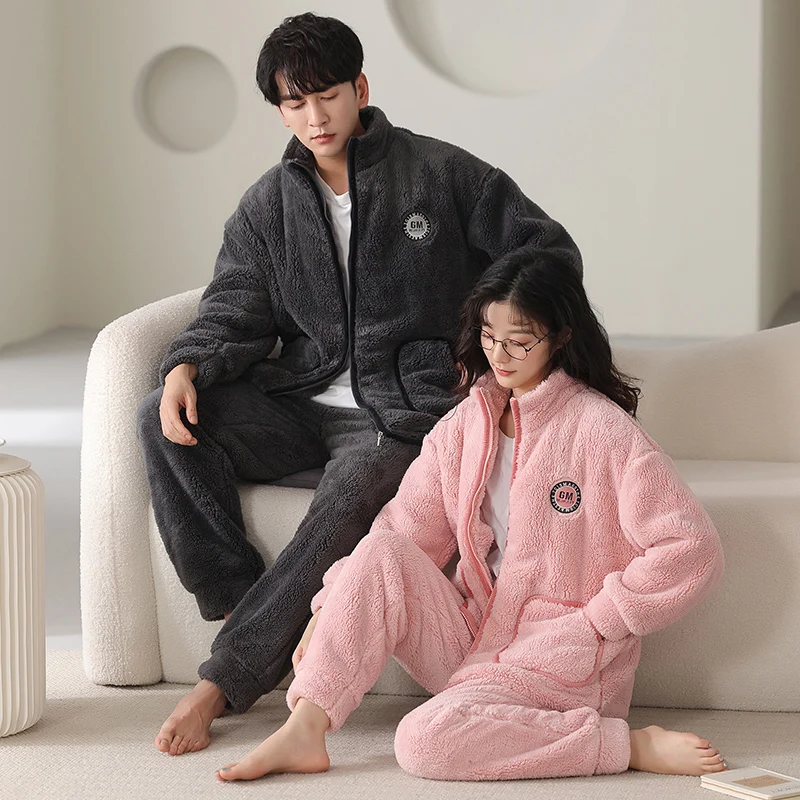 Новейший пижамный комплект для пар женская и мужская одежда сна на молнии