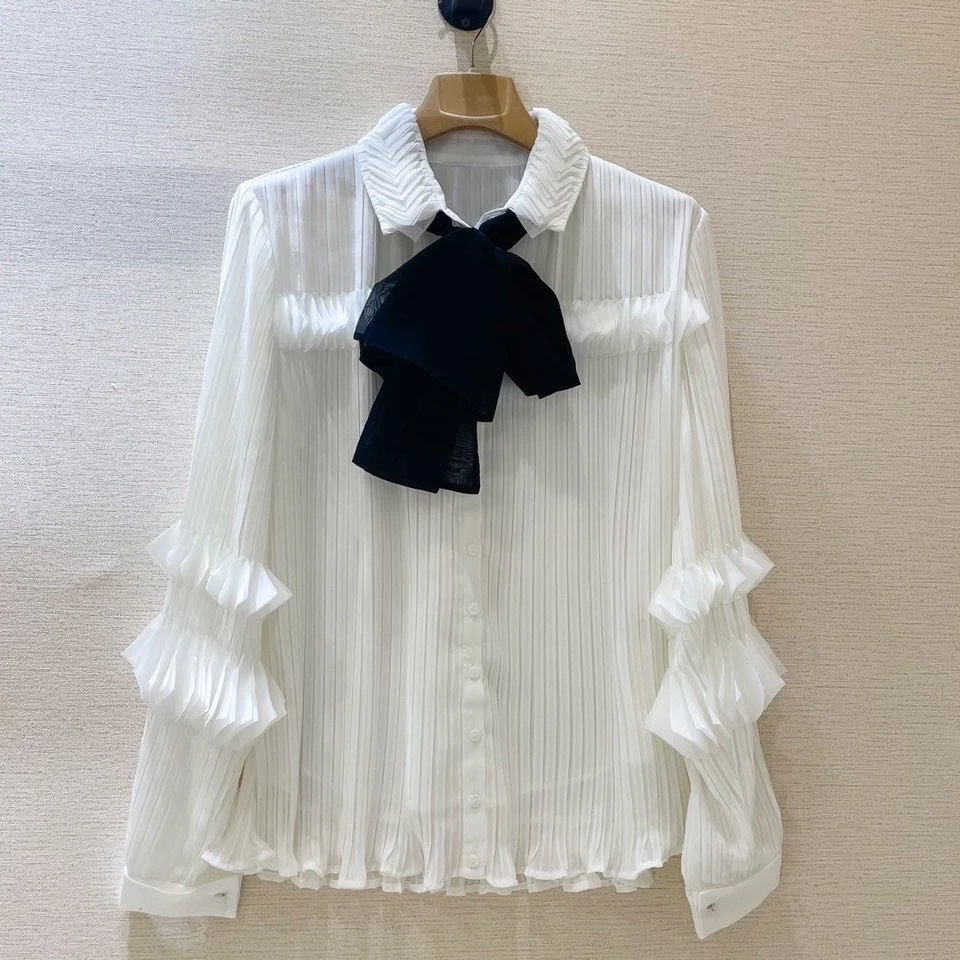

Female Clothing Shirt Top Women Blouse Women Clothing Woman Clothes Fashion 2022 Women's Shirt Long Sleeve Shirts Bow Fold Shirt