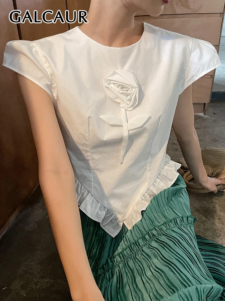 

GALCAUR Patchwork Floral Shirts For Women O Neck Short Sleeve Slim Irregular Hem Solid Ruched Pullover Summer Blouse Female New