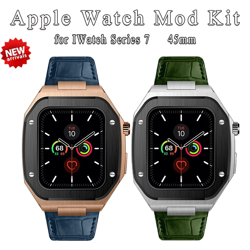 

44mm Leather Strap Modification Kit for Apple Watch Band 8 Case 7 45mm Mod Metal Case Bezel Strap for IWatch Series 8 7 SE 6 5 4