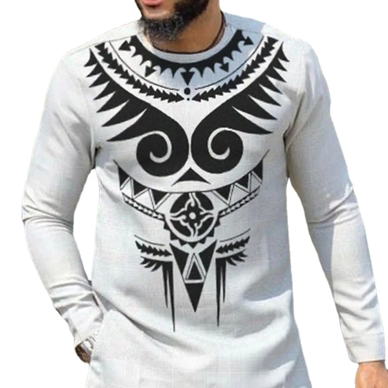 Men's Long Sleeve Shirts Print Gray T-shirt African Chilaba Loose Casual Tops Fashion Abaya Muslim Clothes For Male 2022 Fall
