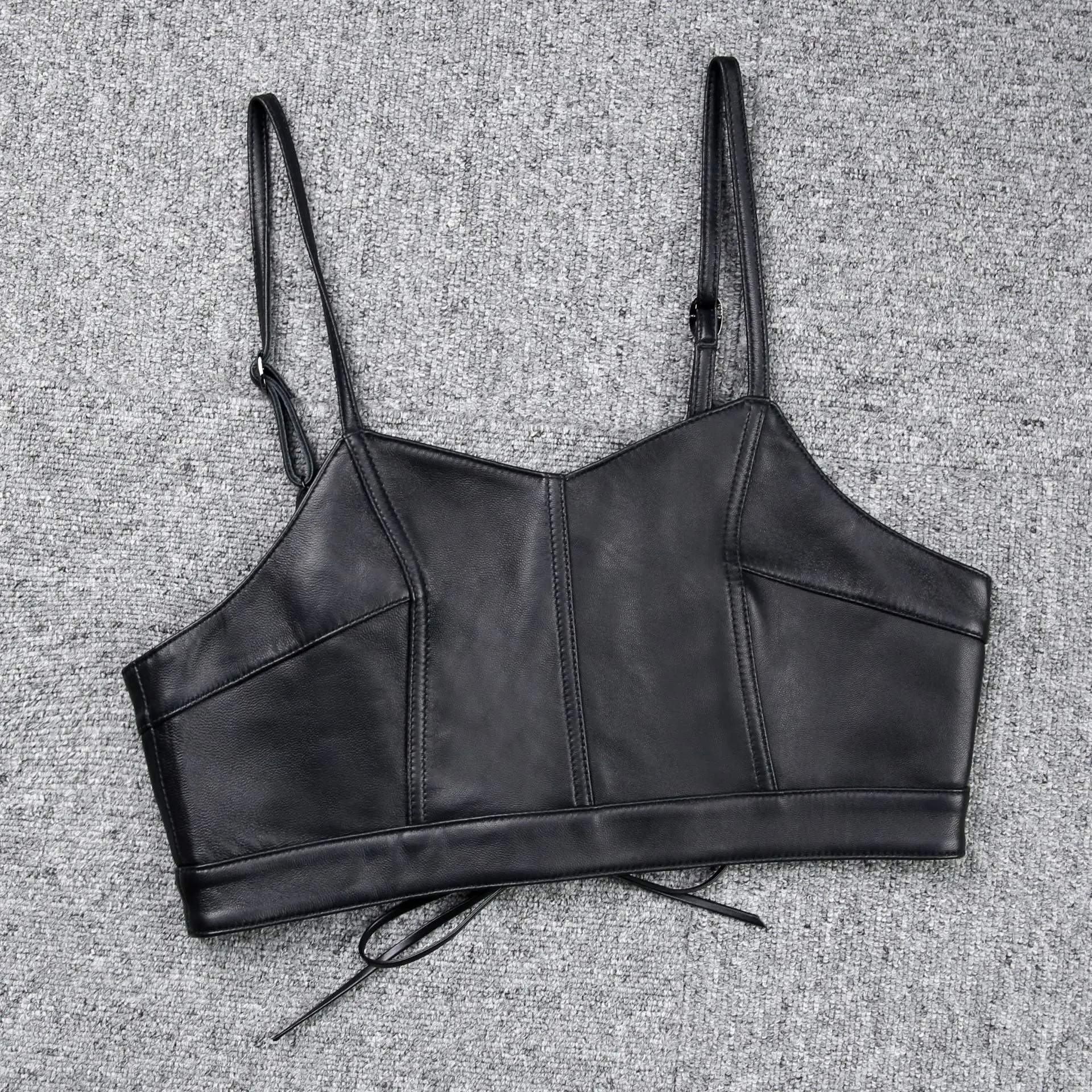 2022 New Fashion Simple Design Strap Tube Top Vest Real Sheepskin Leather Camisole E23