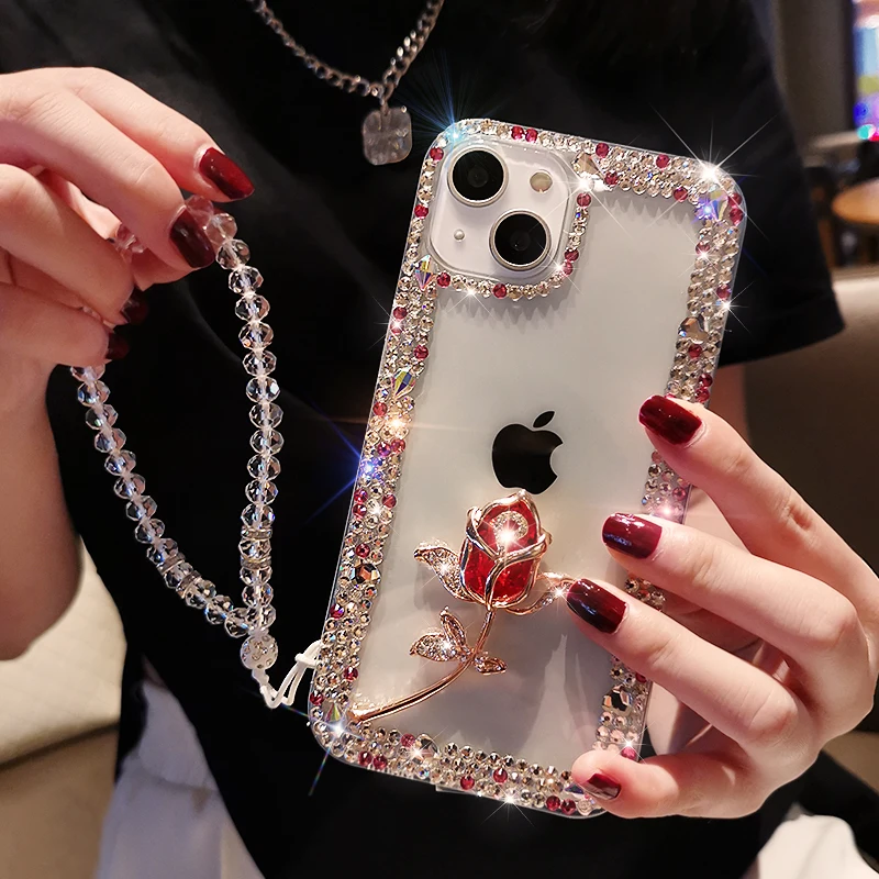 

Luxury Gem Rose for IPhone13 Pro Max Crystal Jewelry with Bracelet Lanyard Protective Case For IPhone 11 12 13 Mobile Phone Case