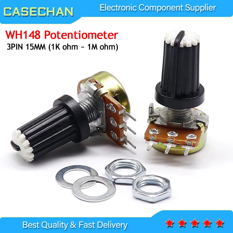 5 Sets WH148 1K 10K 20K 50K 100K 500K Ohm 15mm 3 Pin Linear Taper Rotary Potentiometer Resistor for Arduino with AG2 White cap |