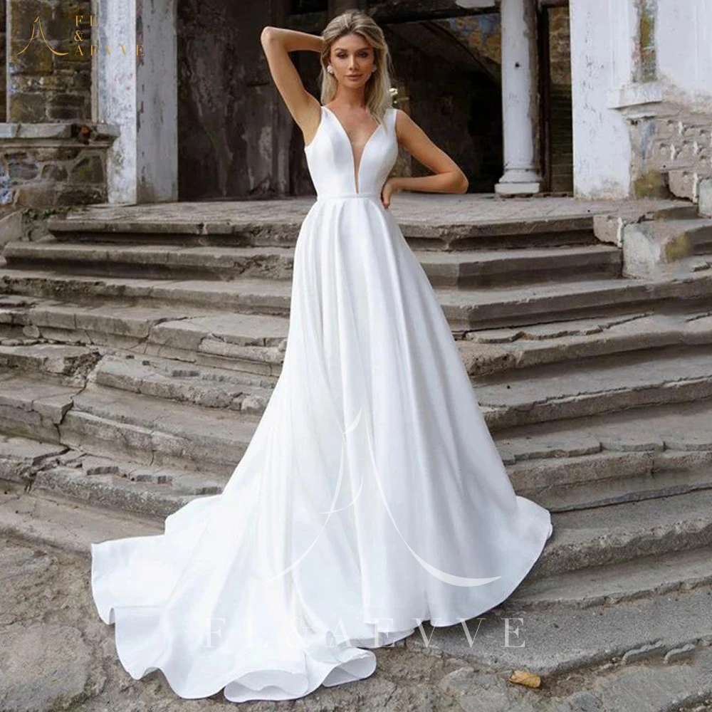 

Женское атласное свадебное платье, белое элегантное ТРАПЕЦИЕВИДНОЕ ПЛАТЬЕ С V-образным вырезом, лето 2024