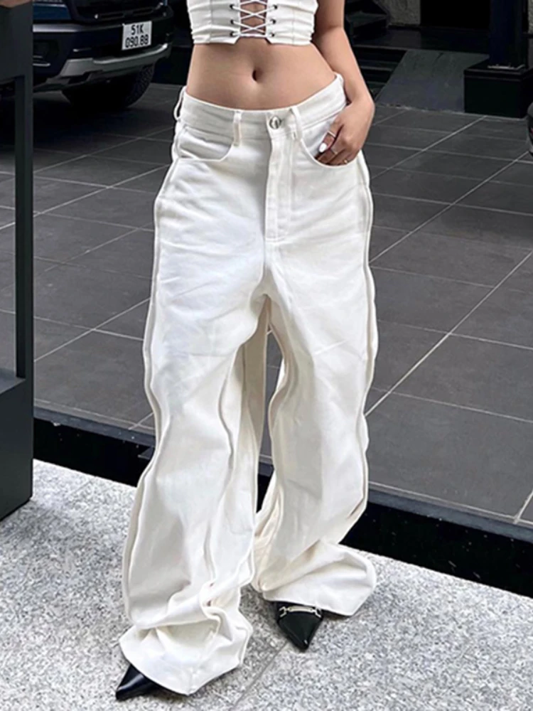 WeiYao White Denim Wide Leg Cargo Pants Women Streetwear Korean Fashion Low Waist Straight Jeans Casual Loose Baggy Trousers