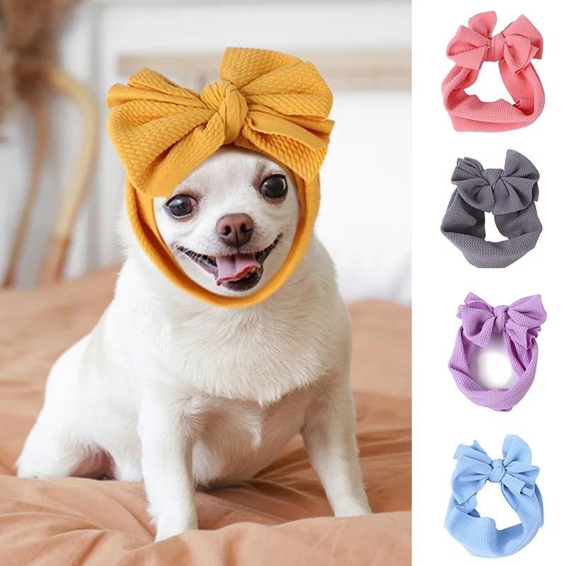 

Cute Pet Head Cover Teddy Dress Up Hat Bow Headdress Elastic Pleated Headgear for Small Pets Headband Big Bow Tie Pet Supplies