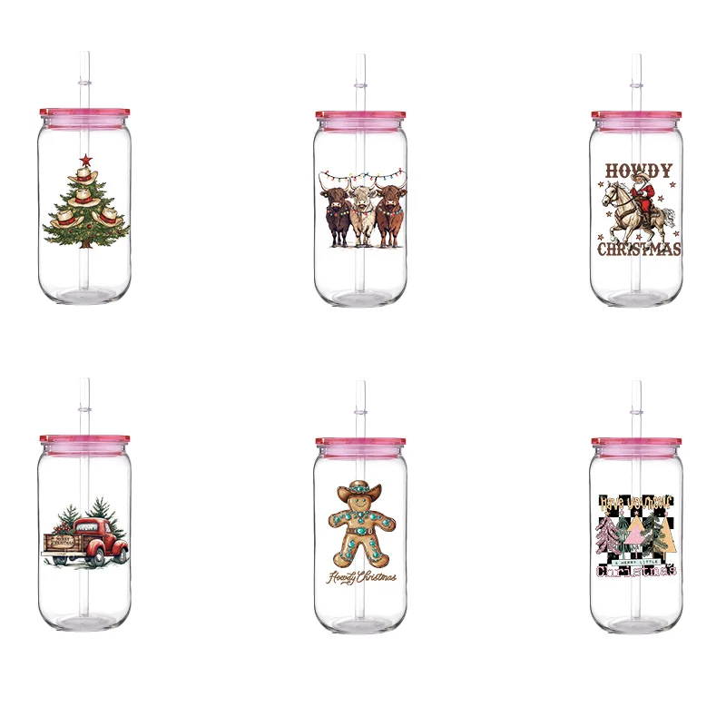 Christmas Printed PET Cup With Straw Pink Lid Cartoon Funny Design 16oz Bottles Can Hold Milk Coffee Drinks