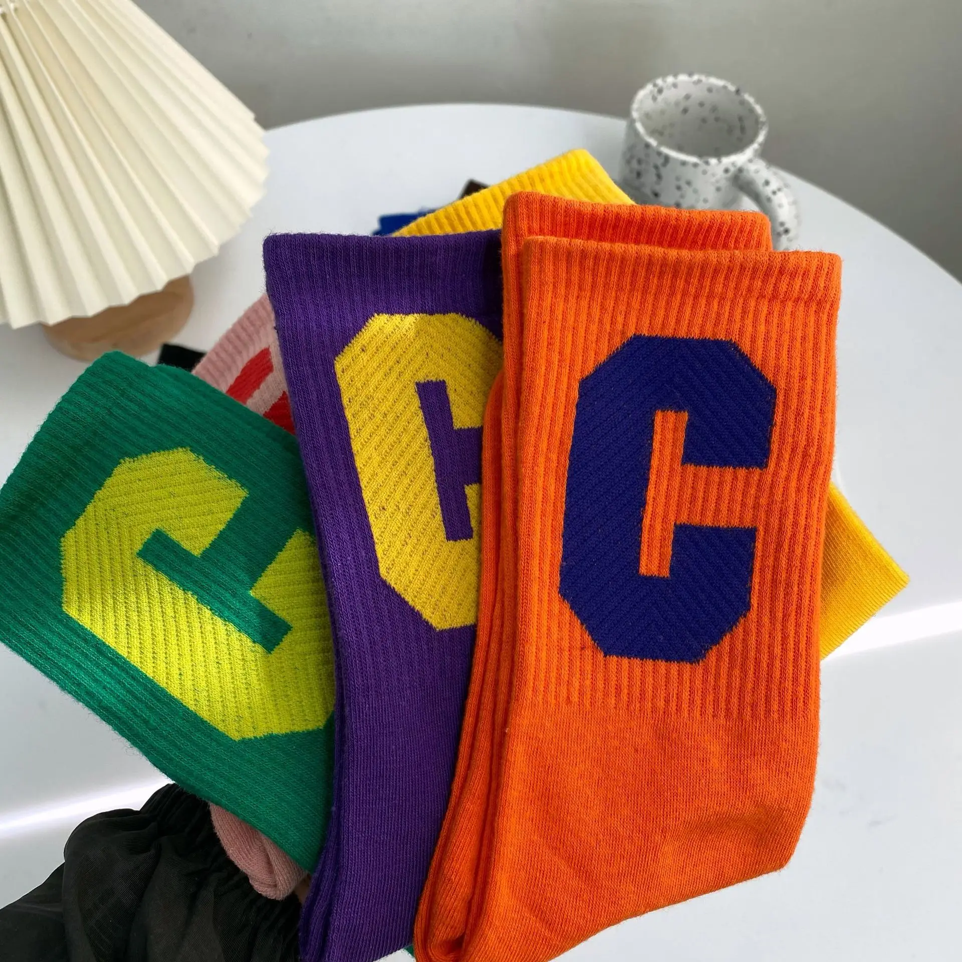 Fashion Letter C Sport Style Socks Female Casual Solid Color Black White Socks Set 5 Pairs  New Colorful Mid-Tube Socks Women