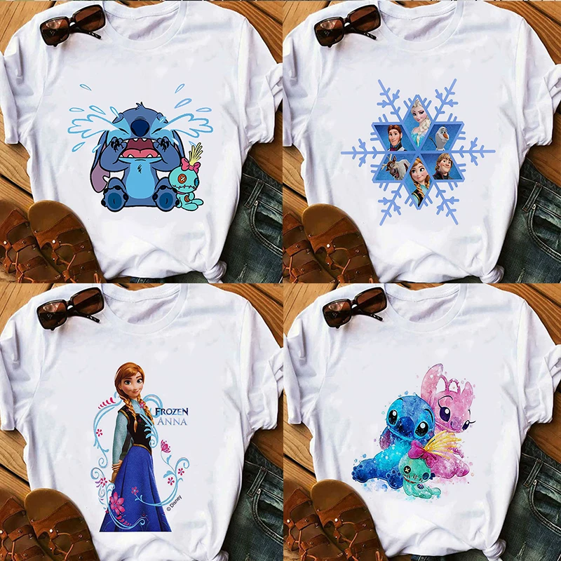 

New Stitch Anna Printing Cartoon Disney Clothes Fashion 2022 Boy T-shirts Harajuku Tees Casual Girls Summer Clothes Cute Tops