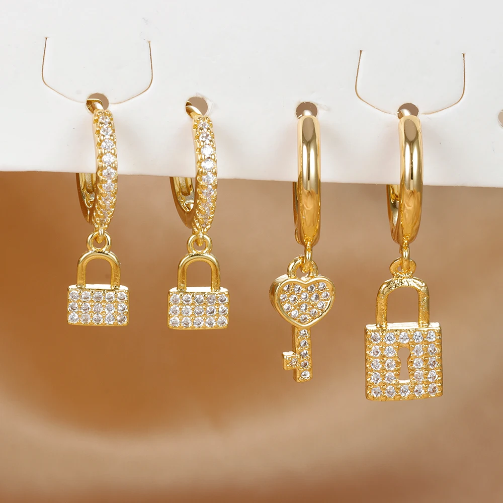 

Luxury Zircon Key Lock Asymmetric Hoop Earrings for Women Men Gold Plated Stainless Steel Couple Earrings Wedding Jewerly aretes