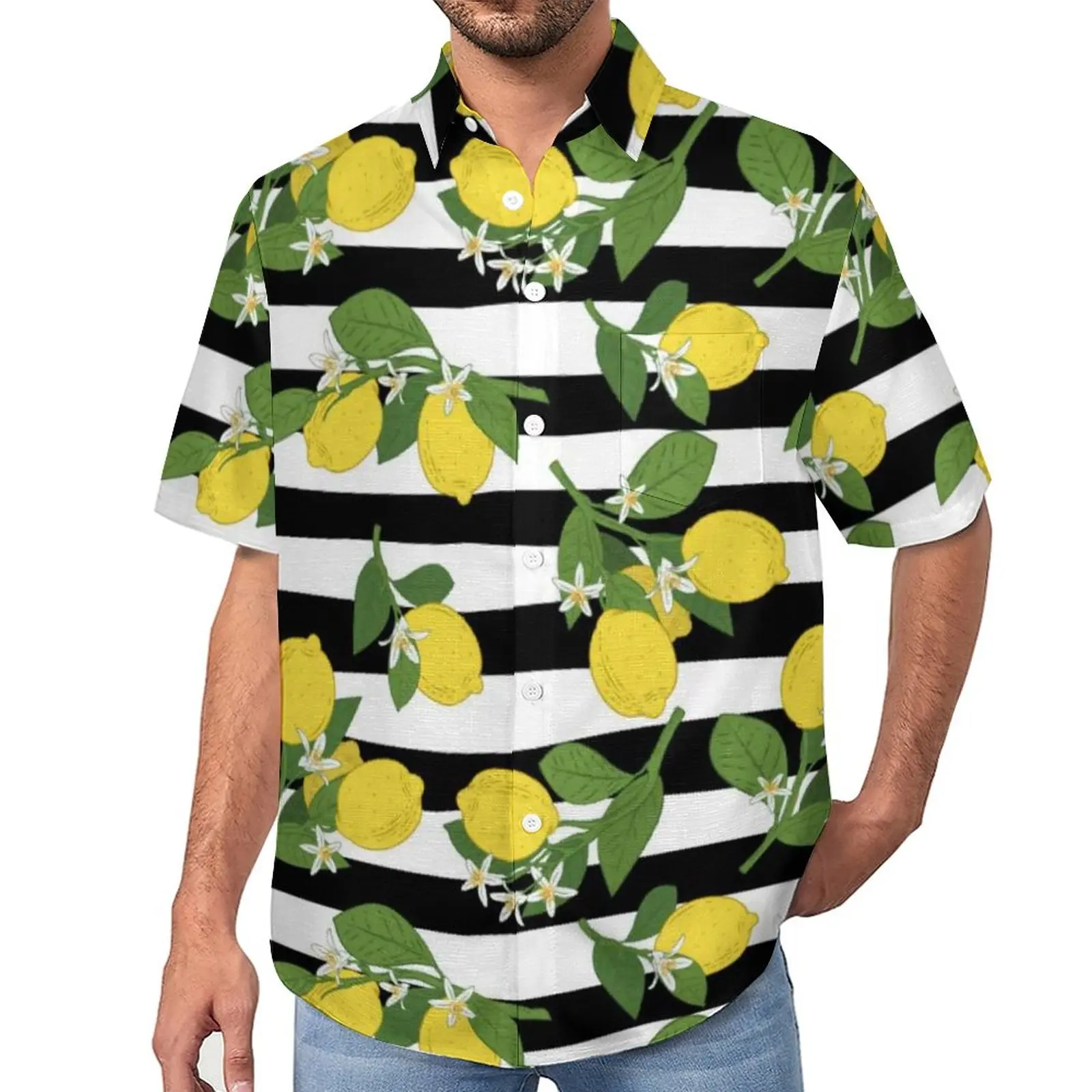 

Lemon Lemons Yellow Casual Shirt Black And White Stripes Beach Loose Shirt Summer Y2K Blouses Short Sleeves Custom Oversize Tops