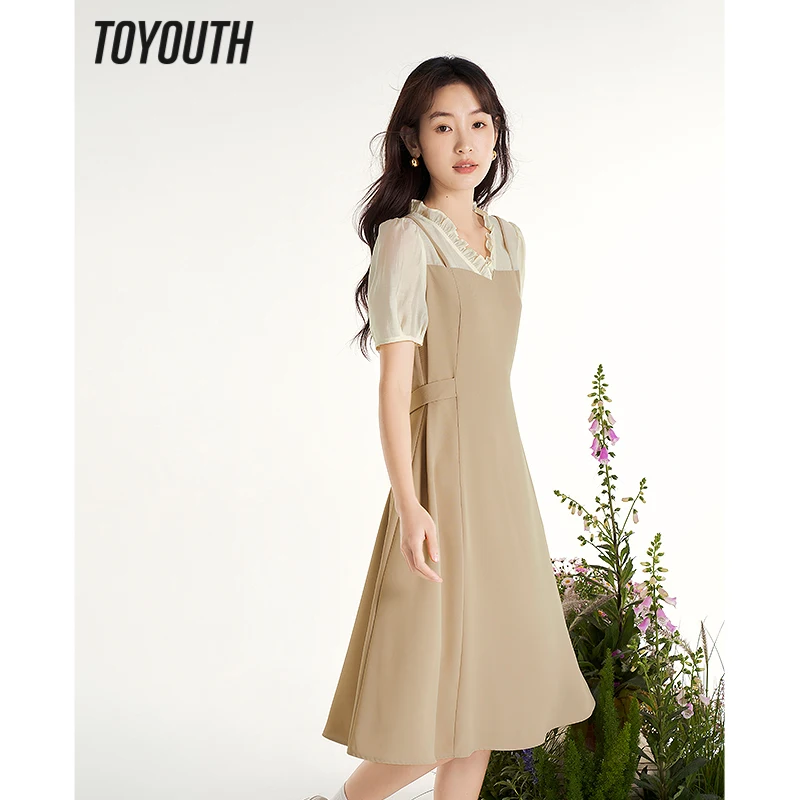 Toyouth Women Fake Two Piece  Dress 2023 Summer Short Sleeve Lace V Neck A-shape Adjustable Waistband Elegant Mid-length Skirt
