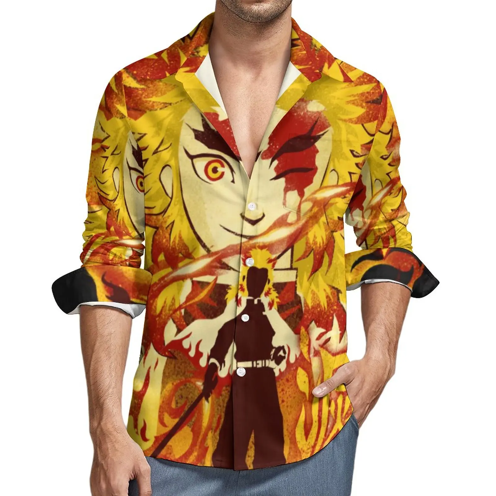 

Demon Slayer Anime Shirt Attack of The Flame Casual Shirts Spring Stylish Graphic Blouses Long Sleeve Novelty Oversized Clothes