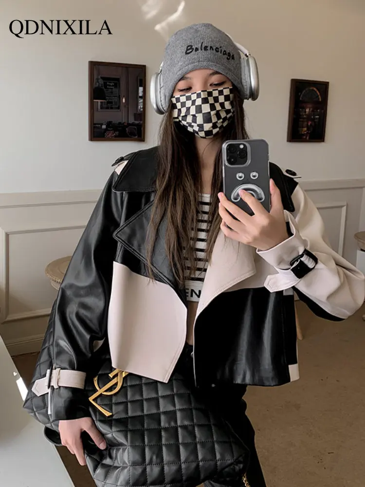 Jackets for Women 2023 Women's Leather Jacket  New Outerwea Black and White Plaid Stitching Top Short Casual Coat Jacket Woman