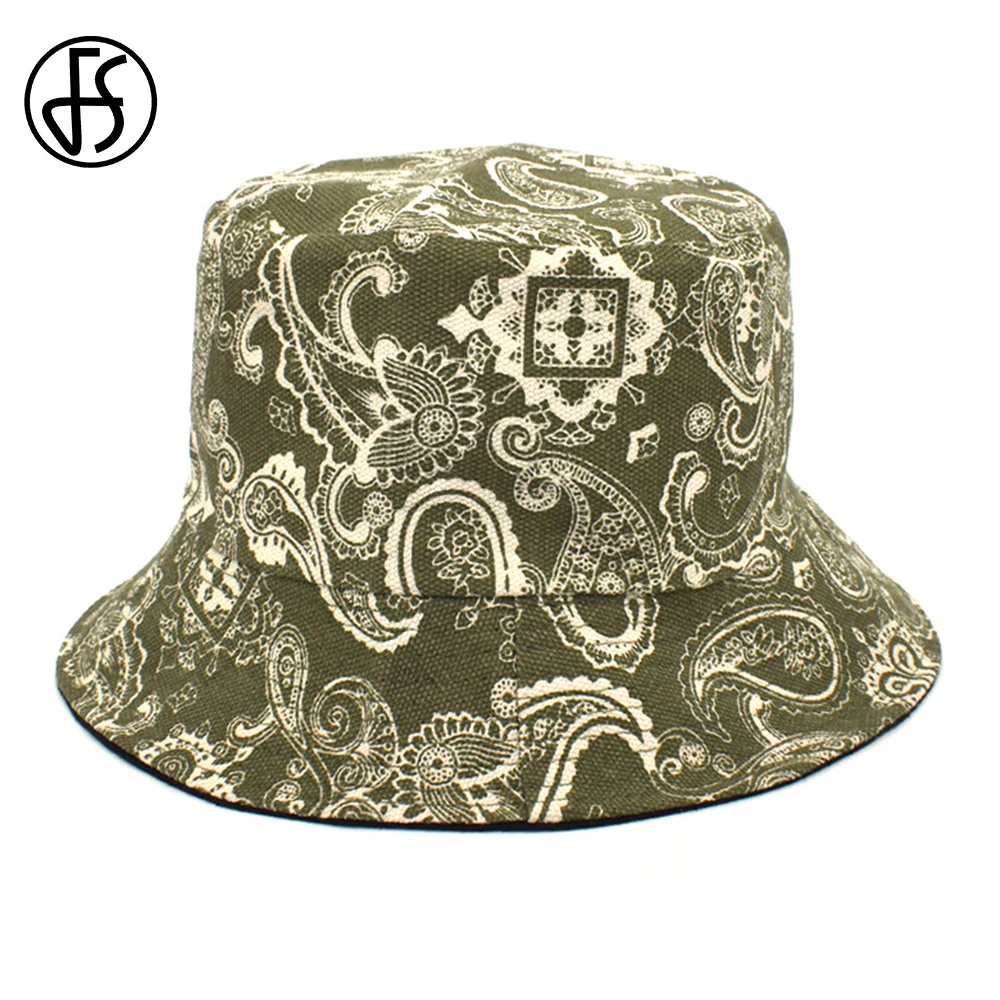 

FS 2022 New Cashew Words Double Side Fisherman Hat Gorro Summer Canvas Bonnet Mens Outdoor Fishing Bucket Hats Gorras Para Mujer