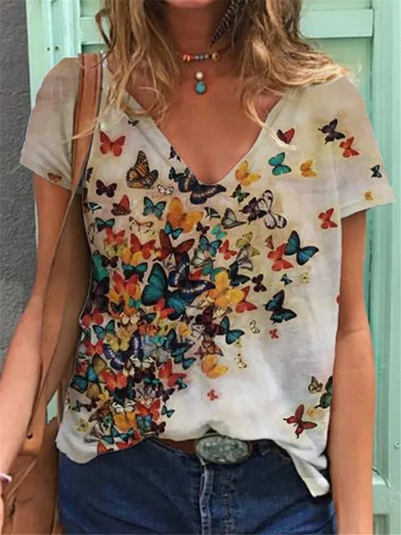 

3D Butterfly Print Women T-Shirts Short Sleeve Oversized Summer Tee Loose Casual Basic Tops Female V-Neck Street T-Shirt 5XL Top