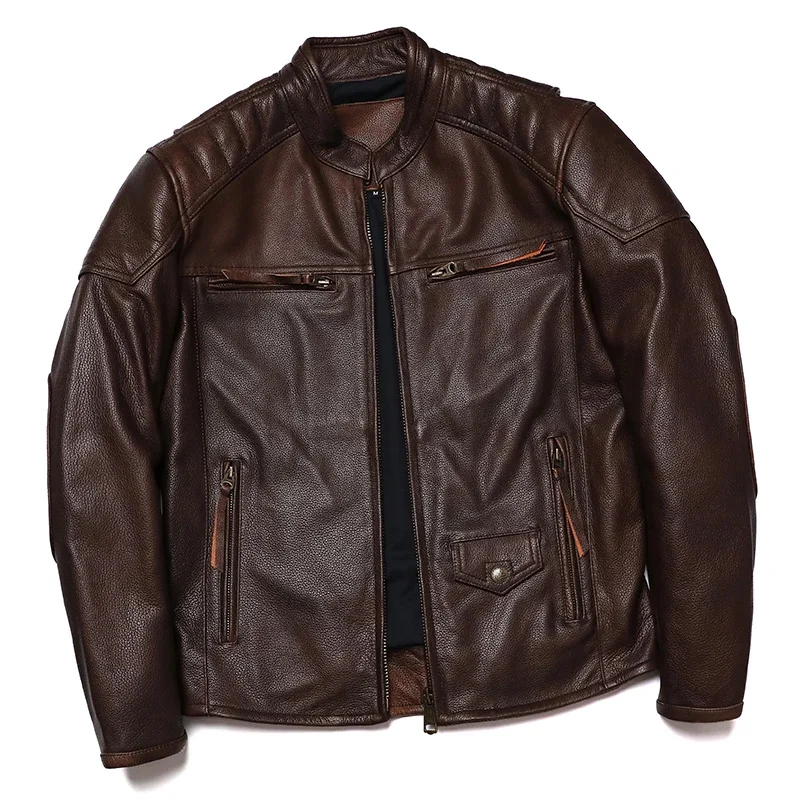 

2024 New Motorcycle Genuine Leather Jacket Man Natural Cowhide Vintage Style Coat Biker Slim Brown Thick Clothing