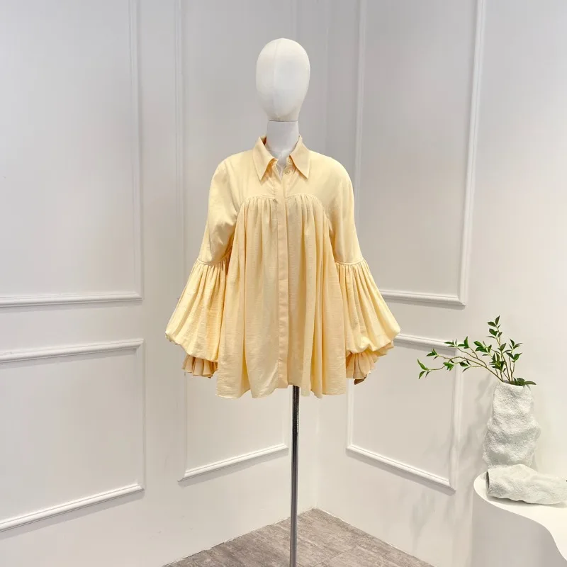 

Женская винтажная блузка из чистого хлопка, однотонная Повседневная Блузка с длинными рукавами-фонариками и оборками, новинка 2023