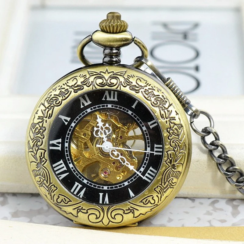 Luxury Mechanical Bronze Pocket Watch for Men Women Skeleton Dial Roman Numeral Dial Fob Chain Pendant Clock for Collection Gift