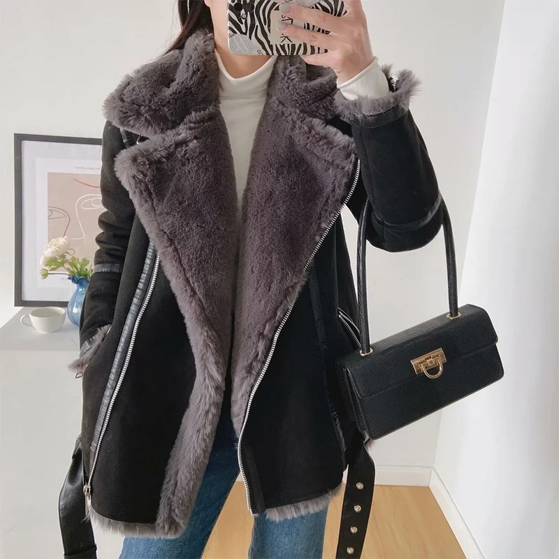 New Fur Lamb Hair Solid Patchwork Zipper Design Casual Jackets Women European and American Style Plus Velvet Double-sided Coats