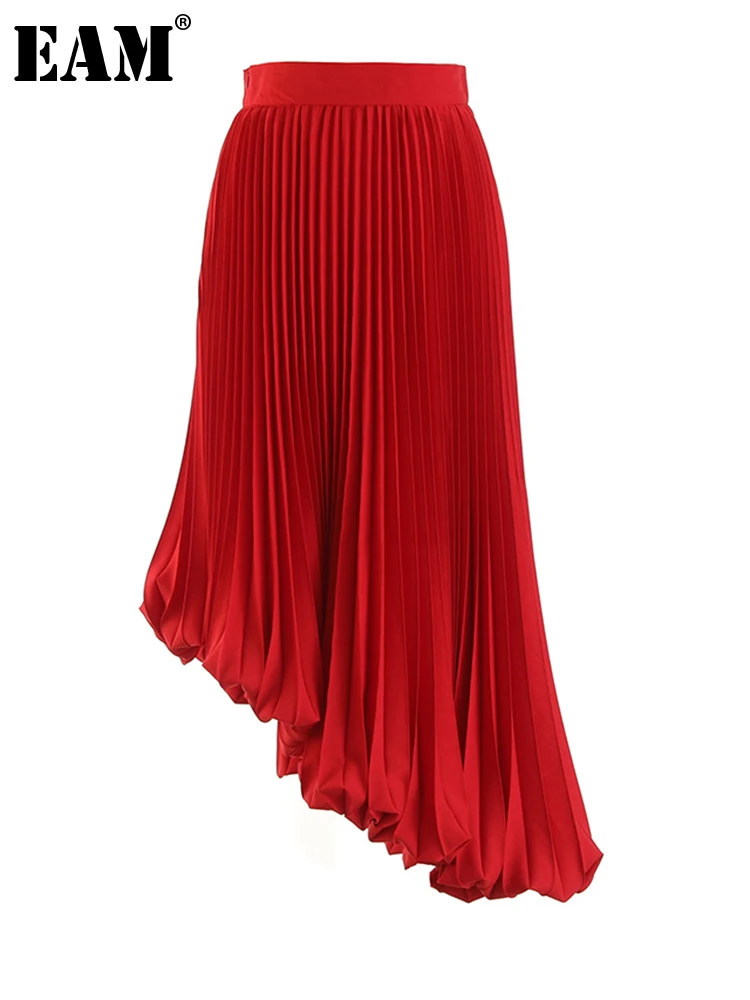 

[EAM] High Waist Red Black Pleated Irregular Elegant Long Half-body Skirt Women Fashion Tide New Spring Autumn 2023 1DF0804