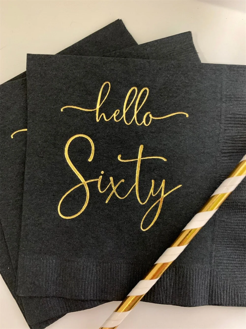 50PCS Hello Sixty Black w/Metallic Gold Foil Cocktail Beverage Napkins 3 Ply Happy Birthday 60th 60 Metallic - Q
