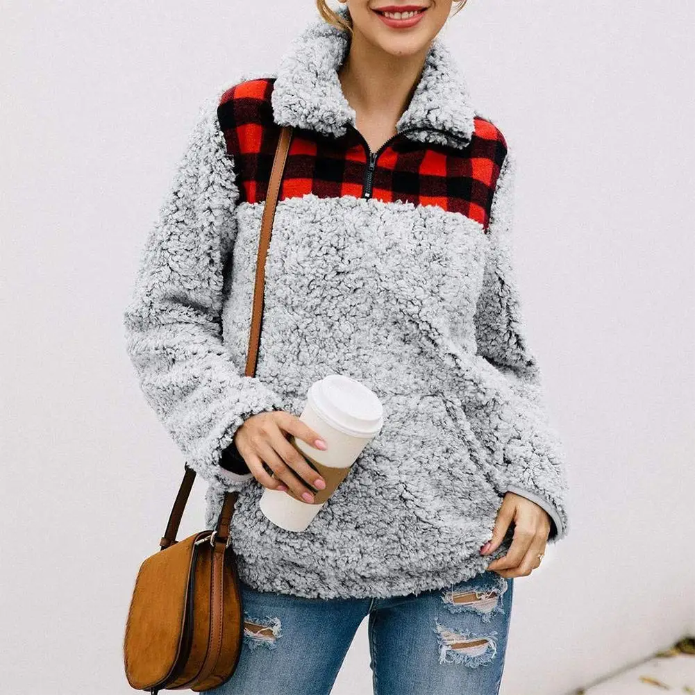 

Hot Sale Sweatshirt Delicate Texture Plaid Fleece Splicing Sweatshirt Women Stand Collar Tops Long Sleeve Zip Jumper