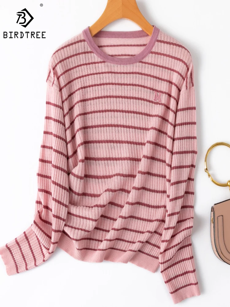 

Birdtree 100% Wool Pullover Women's Crewneck Classic Striped Preppy Sweet Comfortable Skin-friendly Sweater Fall New T30660QD