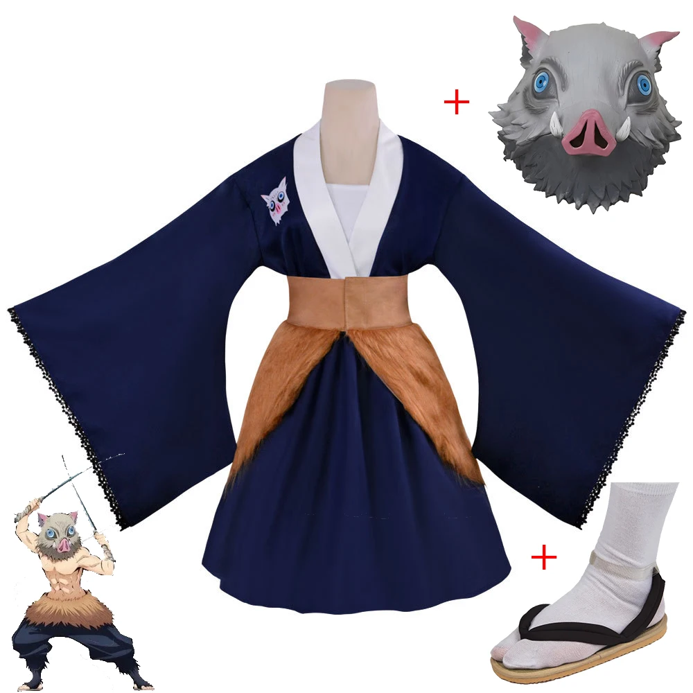 

Anime Demon Slayer Kimetsu no Yaiba Hashibira Inosuke Cosplay Costume Mask Clogs Geta Women Dresses Kimono