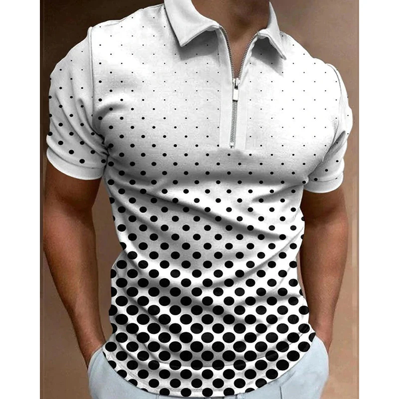 

Fashion Men's Clothes Polo Shirts Casual Turn-Down Collar Zipper Golf Wear Polka Dot Print Short Sleeve Tee Shirt Men Polos Tops