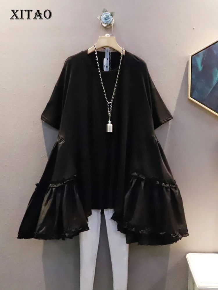 

XITAO Korea Ruffles Dress Fashion Solid Color Simple O-neck Short Sleeve Loose Large Size New Arrival Women ZY6766