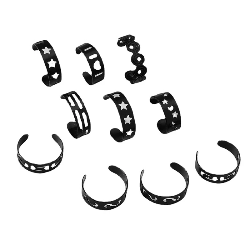 

10Pcs Black Gothic Style Star Moon Heart Shaped Love Lady Finger Open Ring Set