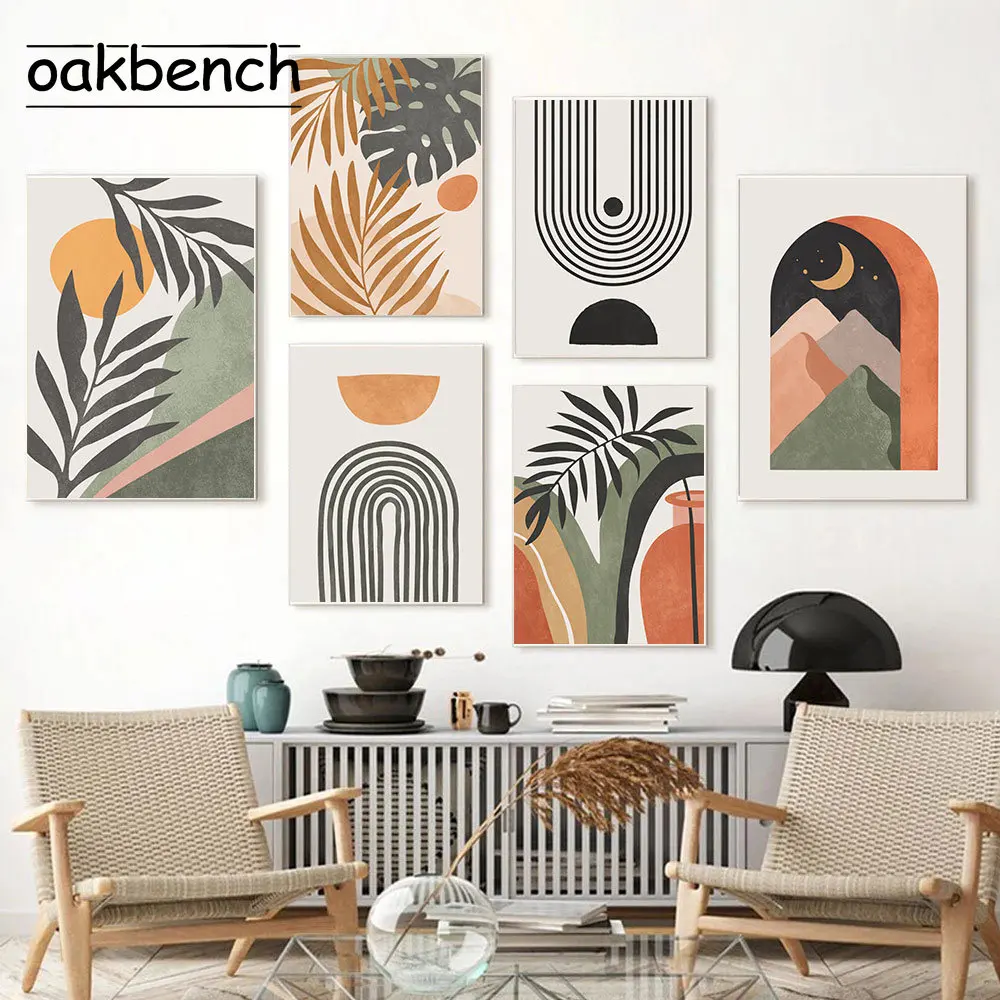 

Плакат на стену, с изображением линий, в стиле бохо, с рисунком восхода солнца, пальмовых листьев, декор для гостиной