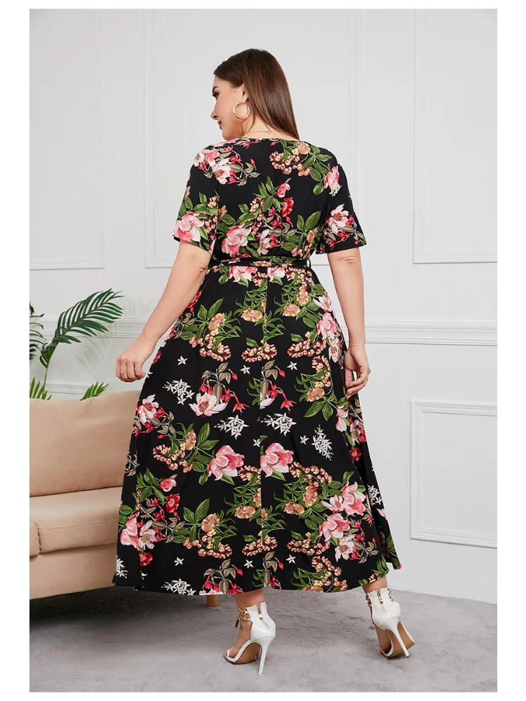 High-waisted exotic V-neck long skirt plus size temperament print black sexy exotic dress