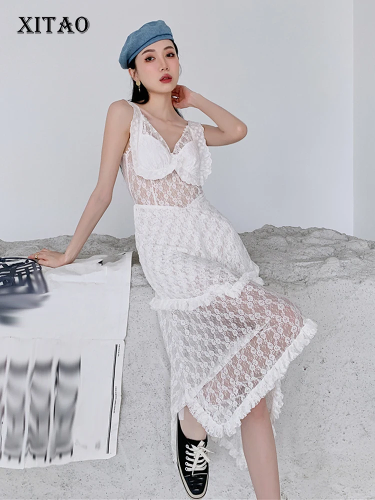 

XITAO сексуальное кружевное тонкое платье на бретельках, модное однотонное платье с v-образным вырезом, темпераментное женское платье, лето 2023, новинка HQQ1199