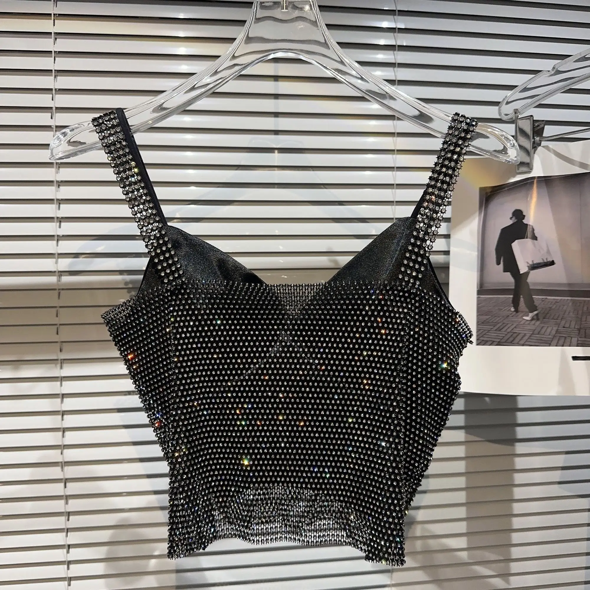 

2023 Summer Nightclub Full Diamond Mesh Tank Top Chest Cushion Sling Two Piece Set
