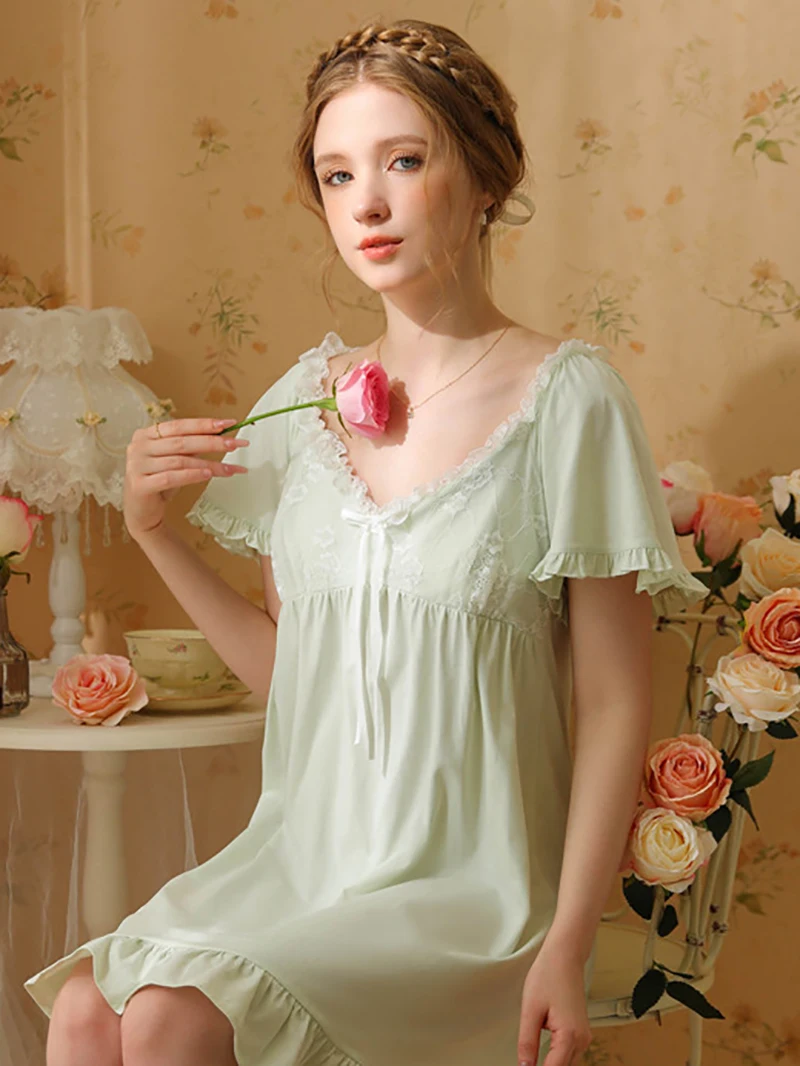 Women Summer Cotton Nightdress Short Sleeve Ruffles Vintage Princess Victorian Nightgown Sweet Girl Pajama Night Dress Sleepwear