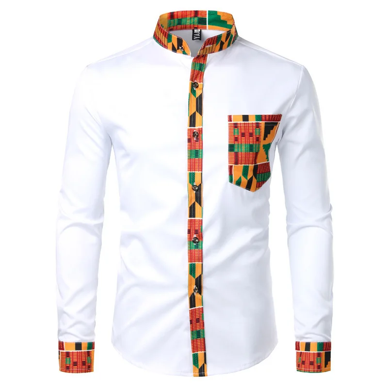 

2023 Spring/Summer Men's New Combination Contrast Color Shirt Youth Printed Standing Neck Long Sleeve Shirt Fashion Casual Top