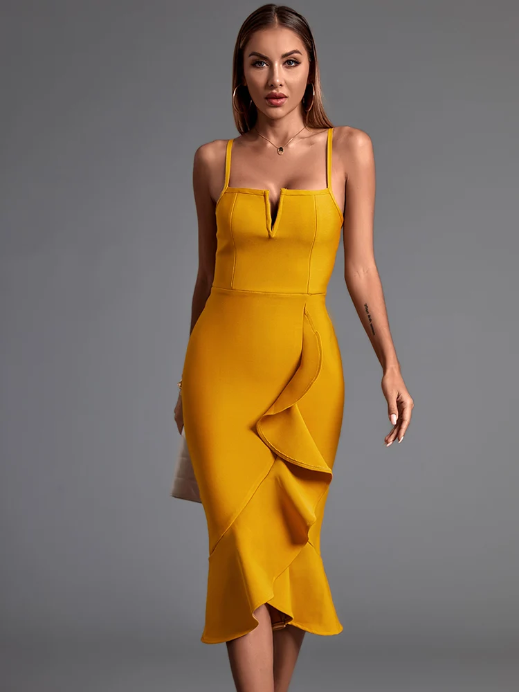

Midi Bandage Dress 2022 New Women's Ginger Bodycon Dress Elegant Sexy Ruffle Evening Club Party Dress High Quality Summer