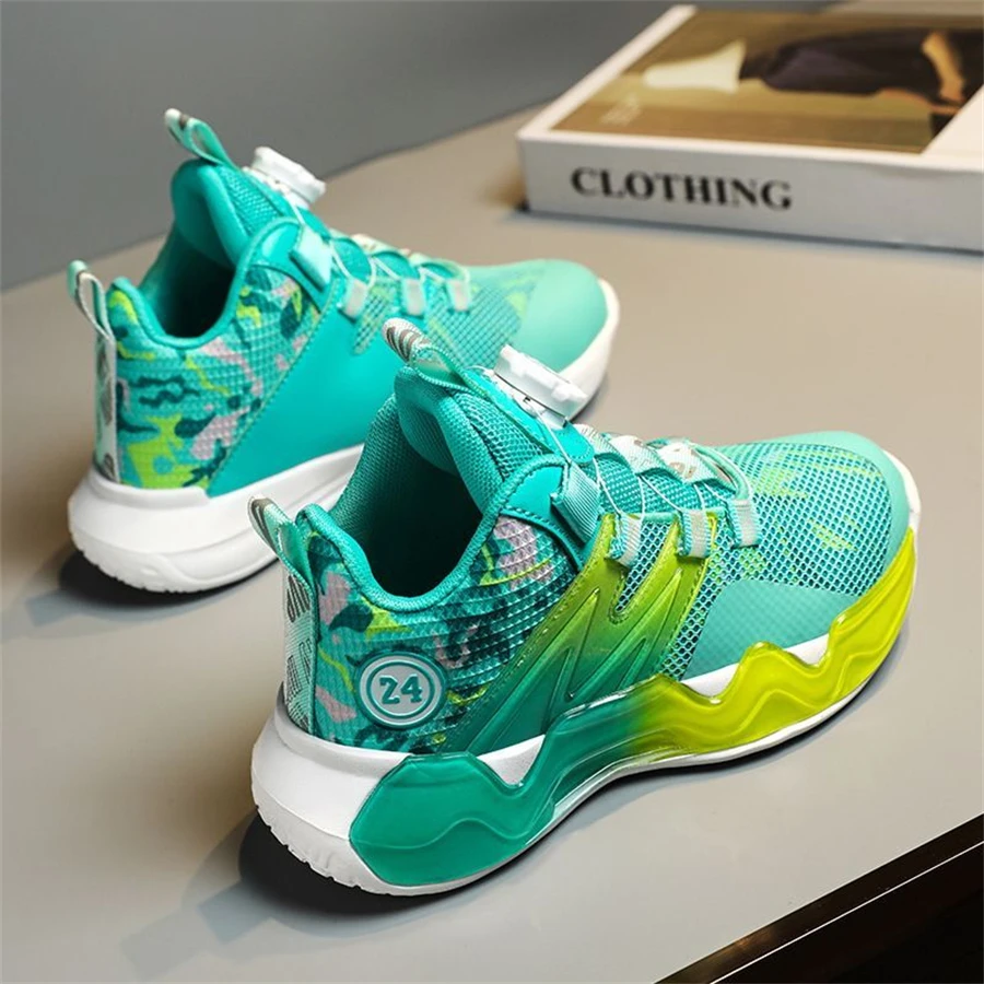 Kid Sneakers Mesh Breathable Boys Basketball Shoes Cushioning Rotating Button Training Athletic Basketball Shoes