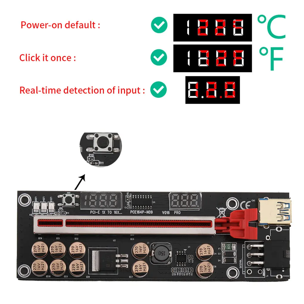 Newest VER016 PCIE Riser 016 V016 PCI Express X16 Temperature Voltage 3 RGB LED 6P USB Mining For Video Card |
