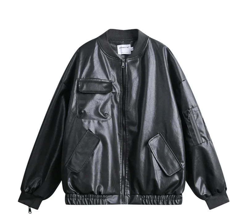 Spring Autumn Simple Solid PU Leather Motorcycle Jacket Unisex Rock Star Men Baseball Bomber Coat Varsity Women Retro Vintage