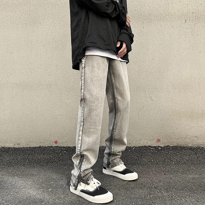 

TFETTERS Brand Jeans for Men Autumn New High Street Zipper Trousers Male Youth Fashion Retro Solid Color Straight Jeans Men Pant