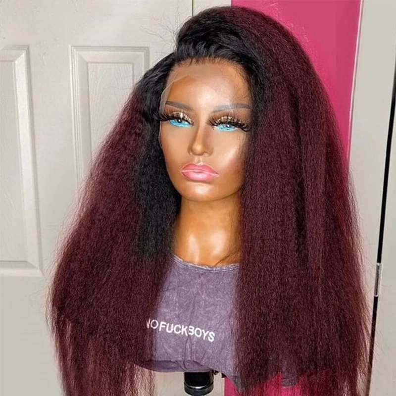 

Glueless Ombre Burgundy Color Kinky Straight 99j Lace Front Wig Fiber Hair Wigs For Women 180% Density Pre Plucked With BabyHair