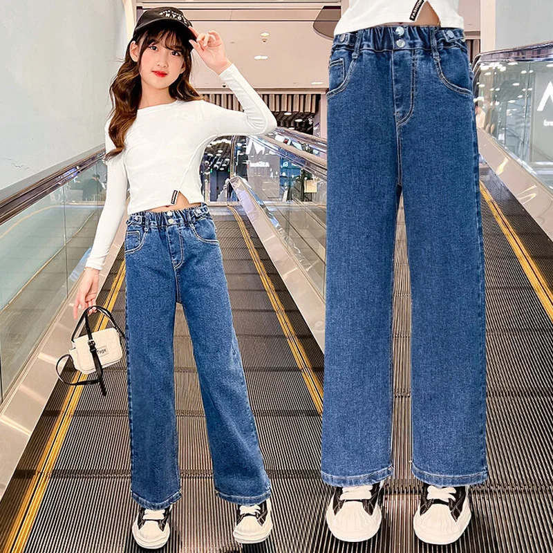 

New 2022 Girls Denim Wide Leg Pants Spring Autumn Straight Children Jeans Kids Clothing Elastic Waist Loose Teen Long Trousers