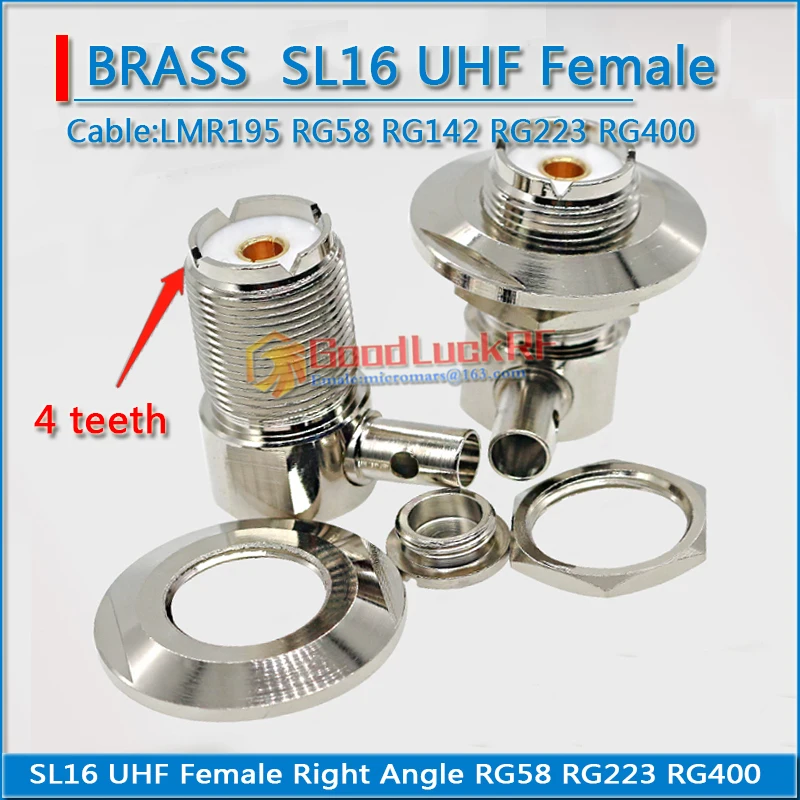 

PL259 SO239 UHF Female 4 teeth Bulkhead Panel 90 Degree Right Angle Clamp Solder RG58 RG142 RG223 RG400 LMR195 Cable Connector