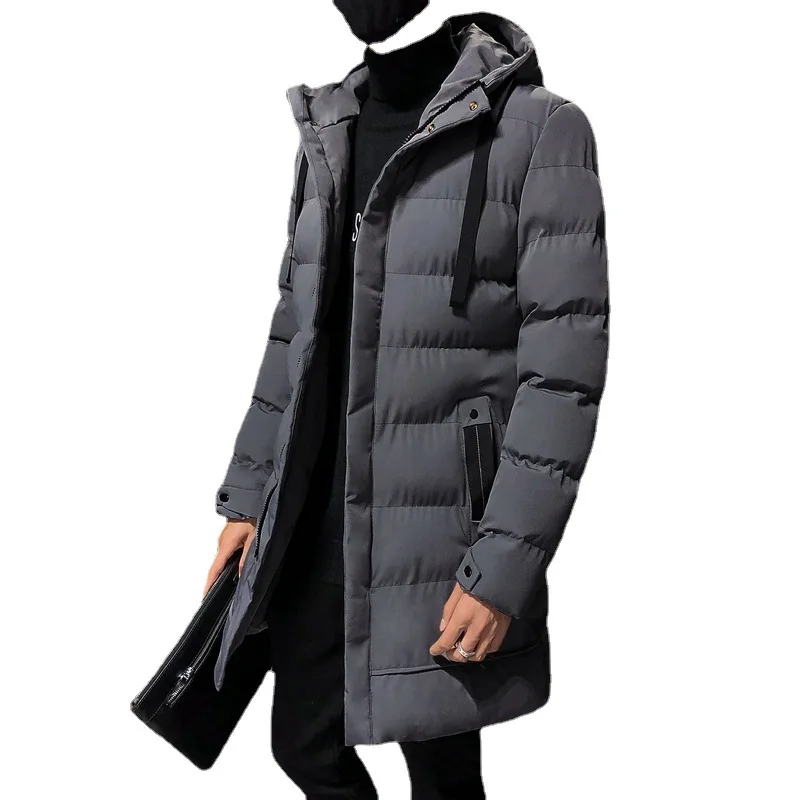 Medium length down cotton jacket for men hooded solid loose cotton jacket for teenagers in winter