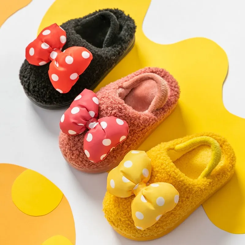 

Disney autumn and winter new cute bow shoes ins boys and girls princess style children's cotton slippers